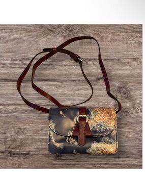 Brown Map-Print Crossbody Bag with Buckle Strap